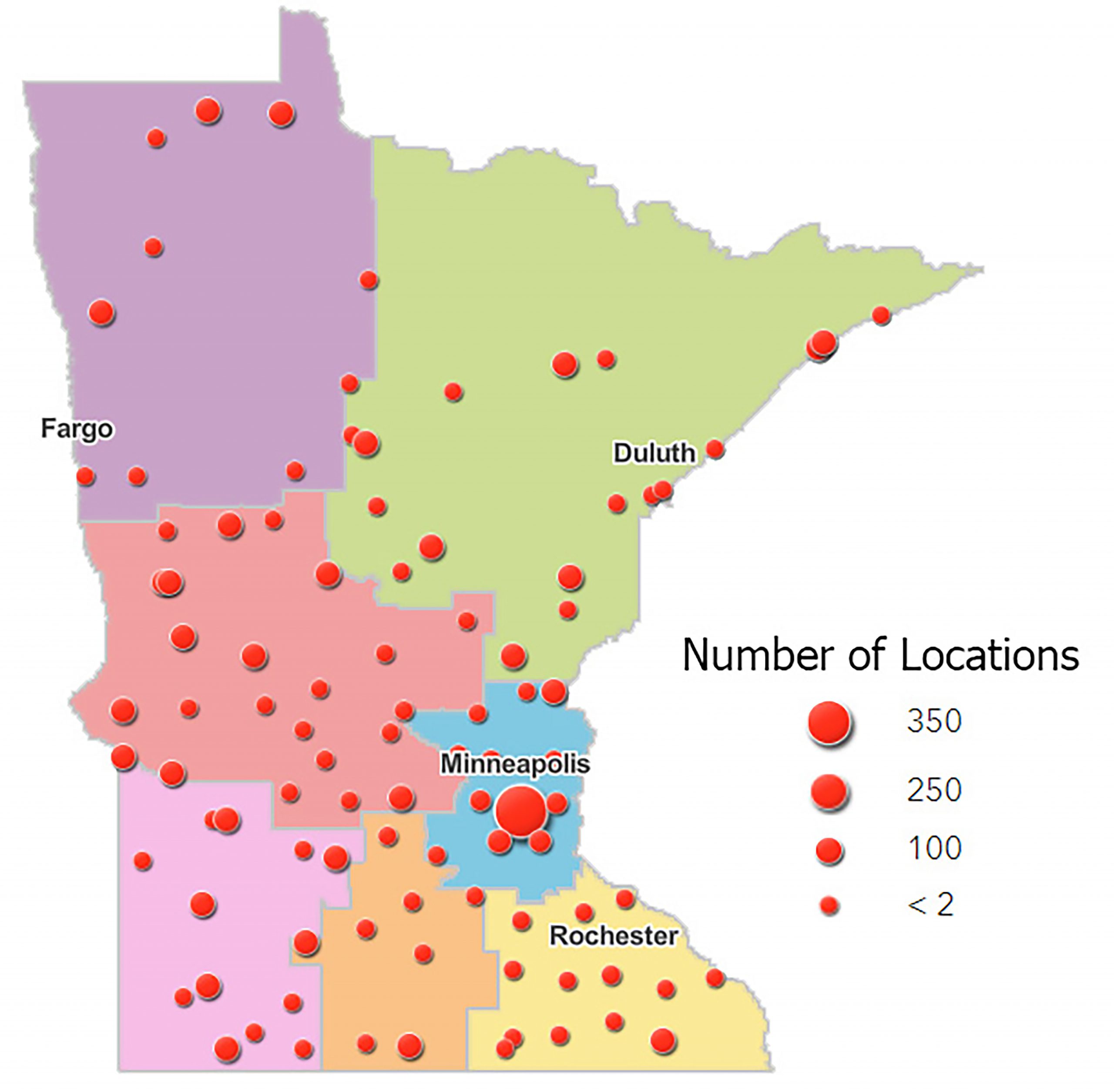 map of MN with dots for locations MnTAP worked