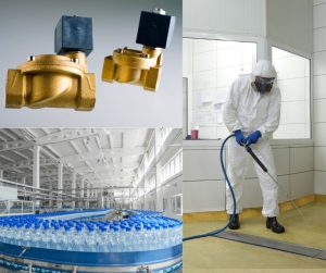 collage of 3 pictures upper left is 2 nozles lower left is conveyor belt with bottles right is worker in white protective suit rinsing floor