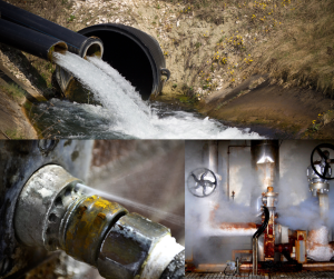 3 picture collage top pic wasteswater flowing from 2 pipes low left pic of  leak in connection low right industrial water pipes with control wheel